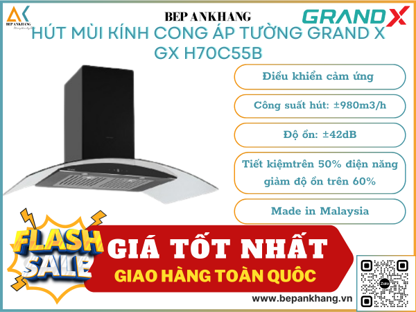Hút mùi áp tường kính cong Grand X GX H70C55B - Made in Malaysia